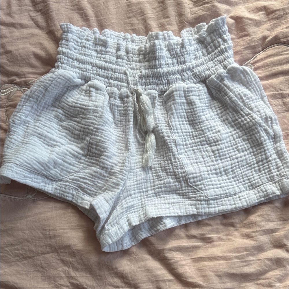 Indigo Rein White High-Waist Cotton Gauze Shorts